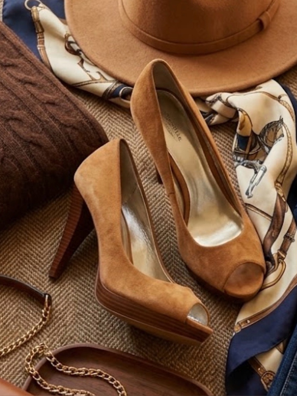 Style & Co Celine Suede Peep Toe Platform Pumps Tan Cognac - Women's Size 10
